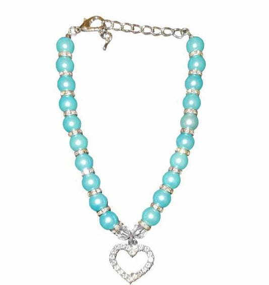 Teal Pearl Studded Silver Chain with Heart Shaped Studded Charm - Item #: 038