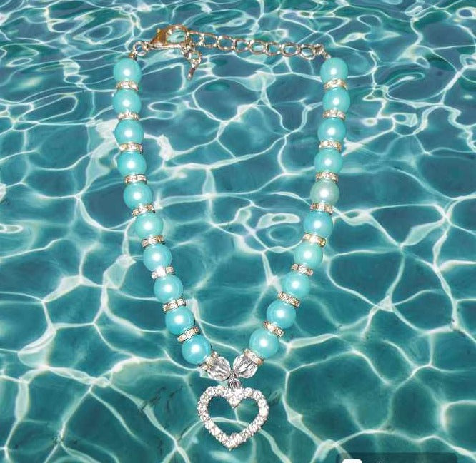 Teal Pearl Studded Silver Chain with Heart Shaped Studded Charm - Item #: 038