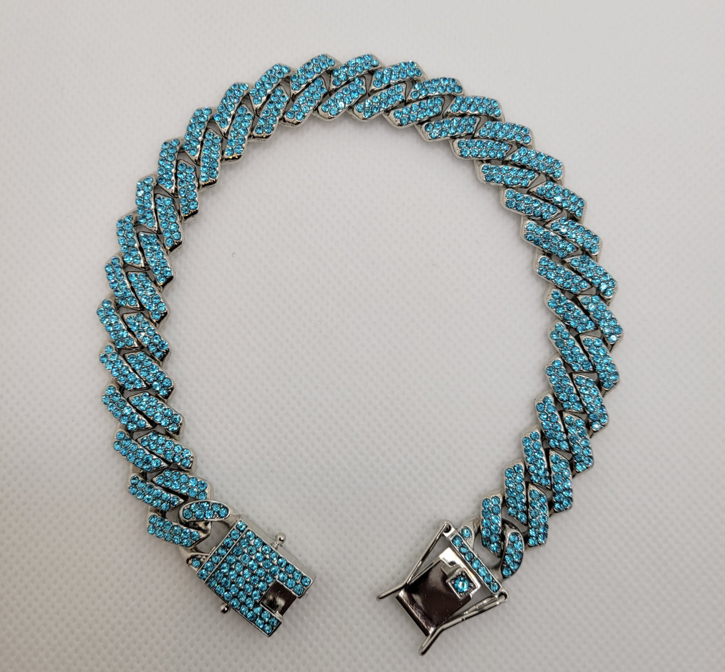 Blue Studded Cuban Link Silver Chain - Item #: 005