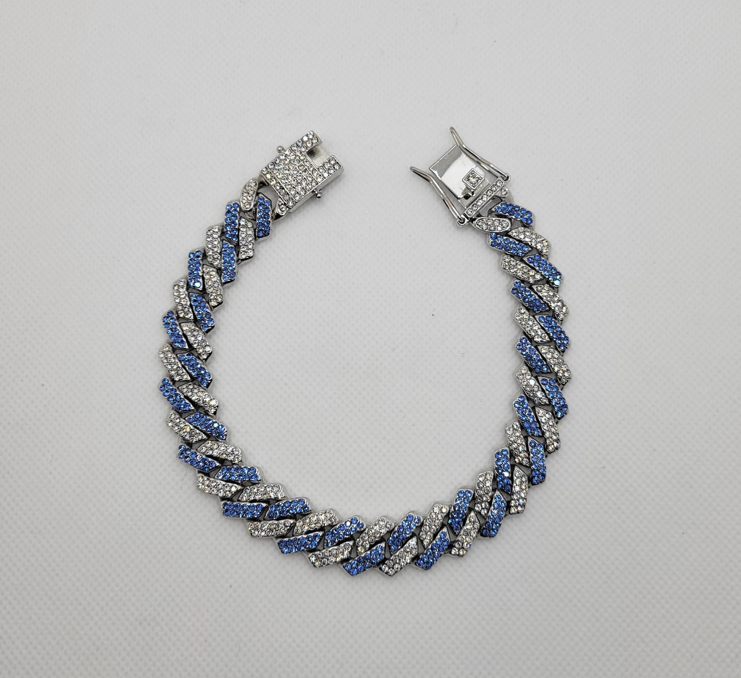 Blue & White Studded Cuban Link Silver Chain - Item #: 003