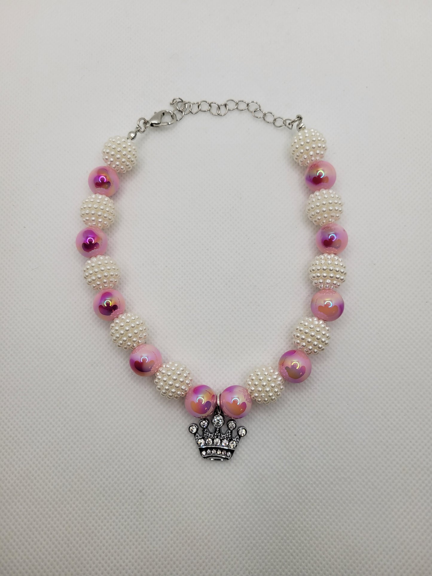 Pink and White Pearl Pom Pom Silver Chain with Crown Charm - Item #: 012