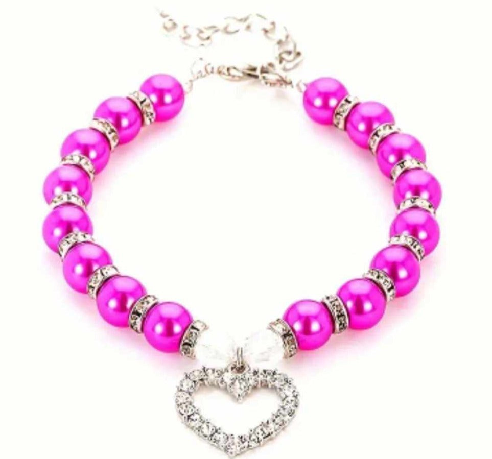 Fuchsia Pearl Studded Silver Chain with Heart Shaped Studded Charm - Item #: 039