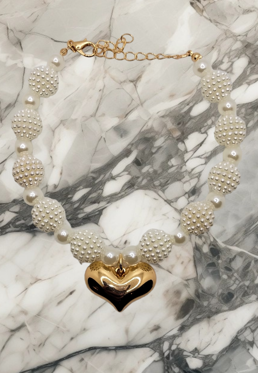 White Pom Pom Gold Chain with Gold Heart Shaped Charm - Item #: 032