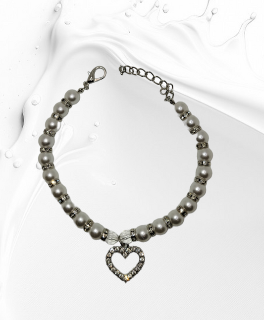 White Pearl Studded Silver Chain with Heart Shaped Studded Charm - Item #: 031