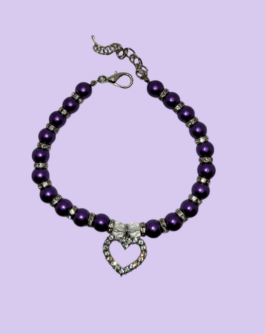 Purple Pearl Studded Silver Chain with Heart Shaped Studded Charm - Item #: 017