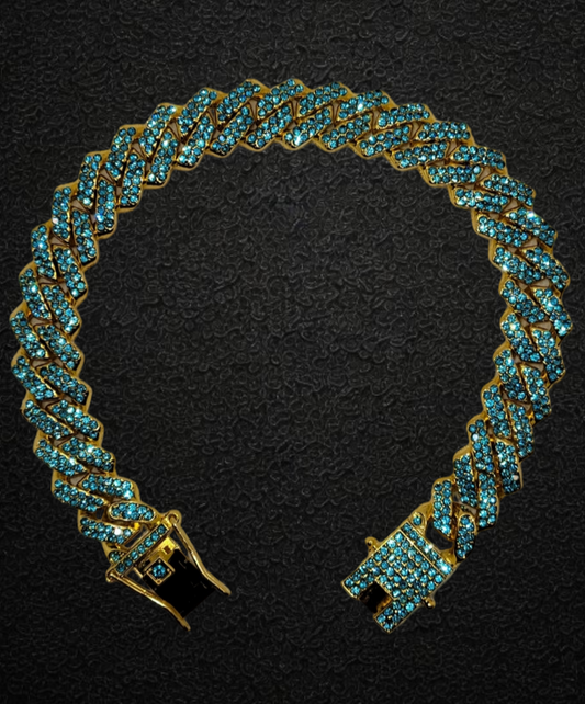 Blue Studded Cuban Link Gold Chain - Item #: 004