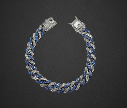 Blue & White Studded Cuban Link Silver Chain - Item #: 003