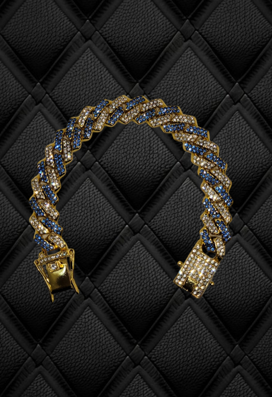 Blue & White Studded Cuban Link Gold Chain - Item #: 002