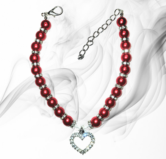 Red Pearl Studded Silver Chain with Heart Shaped Studded Charm - Item #: 036